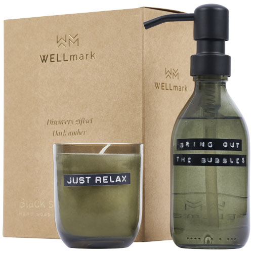 Wellmark Discovery 200 ml handzeepdispenser en 150 g geurkaarsenset - donker amberkleurige geur