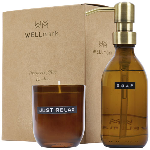 Wellmark Discovery 250 ml handzeepdispenser en 150 g geurkaarsenset - bamboegeur