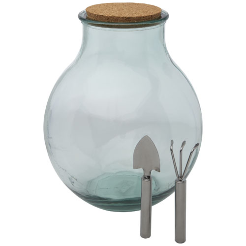 Tier terrarium van gerecycled glas met tuinset