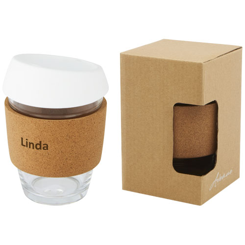 Lidan borosilicaat glazen beker van 360 ml met kurken grip en siliconen deksel